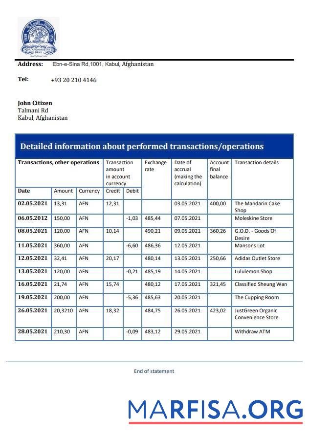 Blank Afghanistan Da Afghanistan bank statement template